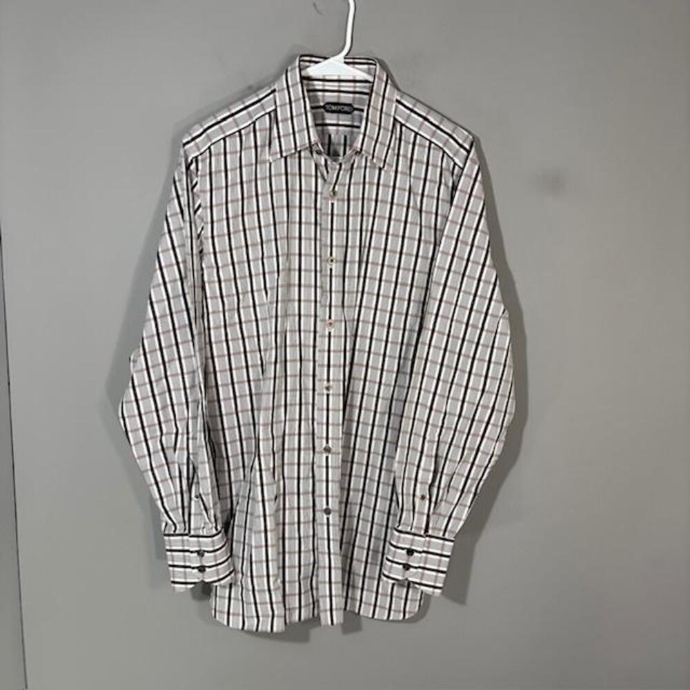 Tom Ford Shirt Mens 16 41 Brown Plaid Regular Fit 100% Cotton Dress Long Sleeve